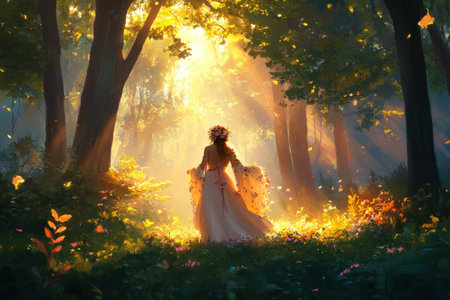 Enchanting forest glade with sunlit path and flower-crowned female silhouette.の写真素材