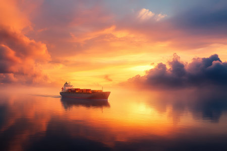 Container ship sailing at sunrise on calm ocean waters.の写真素材