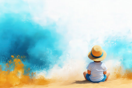 Young caucasian child relaxing on a beach with blue and yellow waves.の写真素材