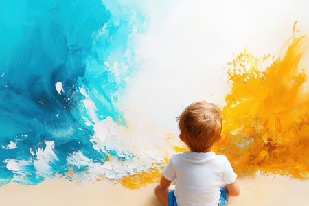 Young caucasian child gazing at vibrant abstract blue and yellow art.の写真素材