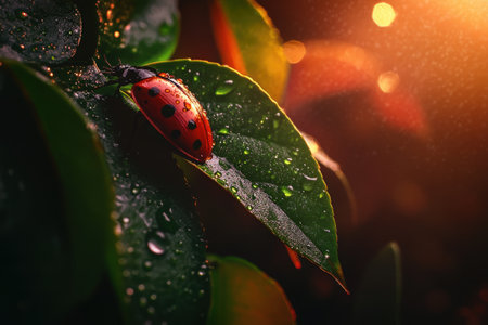 Ladybug resting on dew-covered leaf at sunset with bokeh effect.の写真素材