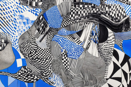 Abstract black and blue geometric pattern with checkered and striped motifs.の写真素材