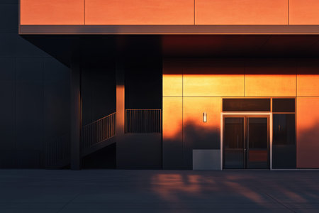 Modern building facade in warm light at sunset.
