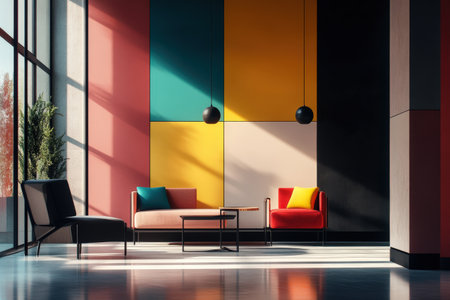 Modern interior design with colorful geometric wall panels and contemporary furniture.の写真素材