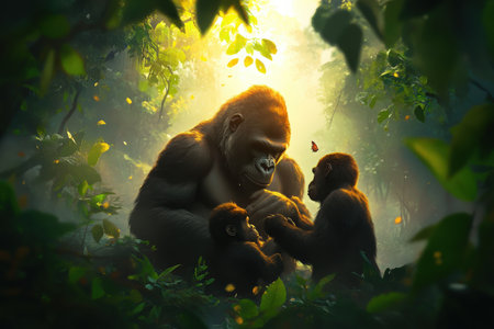 Majestic gorilla family in lush jungle with sunlight and butterfly.の写真素材