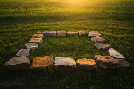 Stone circle on grassy field at sunset.の写真素材