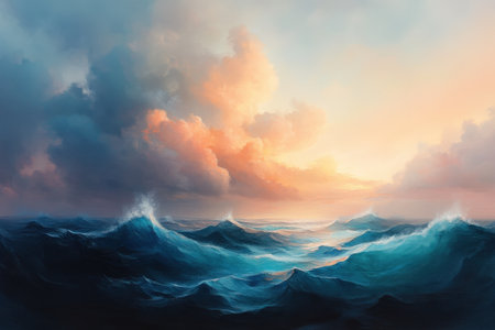Majestic ocean waves at sunset with vibrant clouds.の写真素材