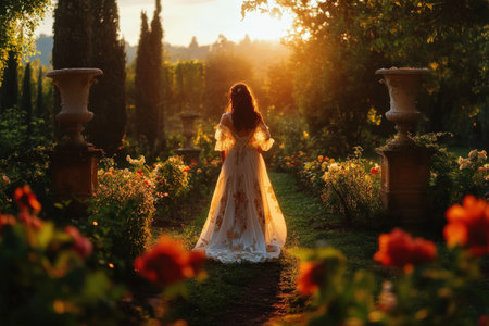 Young caucasian female in Victorian dress strolling through sunlit garden at sunset.の写真素材