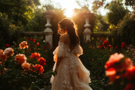 Young female in elegant dress amidst garden roses at sunset.の写真素材