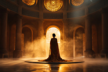 Majestic silhouette of woman in ornate hall with golden light.の写真素材
