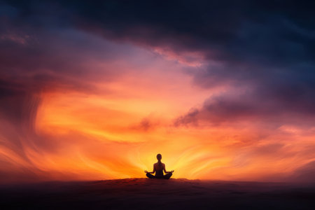 Tranquil meditation at sunset with silhouette of young adult.の写真素材