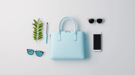 Light blue handbag with sunglasses, smartphone, and green leaf on white background.