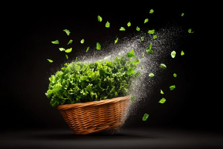 Fresh lettuce leaves bursting from woven basket amidst floating seasoning in mid-air.の写真素材