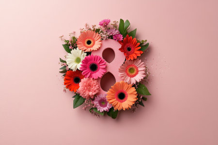 Colorful floral number 8 arrangement on pink background.の写真素材