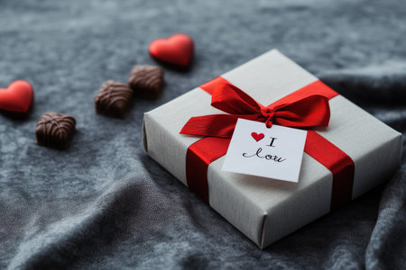 Gift box with red ribbon and chocolates on velvet fabric.の写真素材