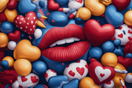 Vibrant heart and lip art composition with colorful balloons in love-themed design.の写真素材