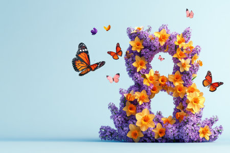 Vibrant butterfly dance around floral number eight arrangement.の写真素材
