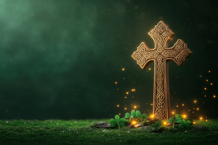 Celtic cross with glowing shamrocks on lush green grass at night.の写真素材