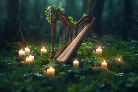 Enchanted harp in mystical forest surrounded by candlelight and lush foliage.の写真素材
