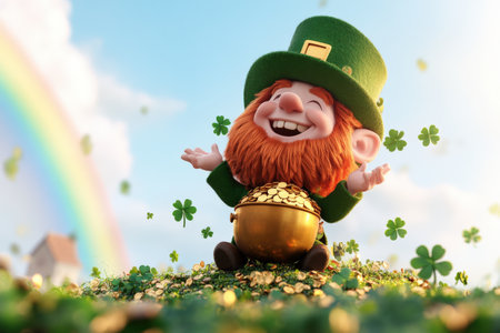 Cheerful leprechaun with pot of gold and four-leaf clovers under a rainbow.の写真素材
