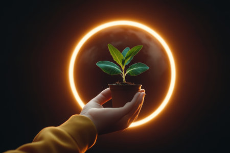 Hand holding plant with illuminated ring in background.の写真素材