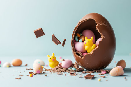Chocolate egg with colorful candies and toy chicks on blue background.の写真素材