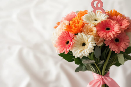 Vibrant bouquet of colorful gerbera daisies and roses with pink ribbon.の写真素材