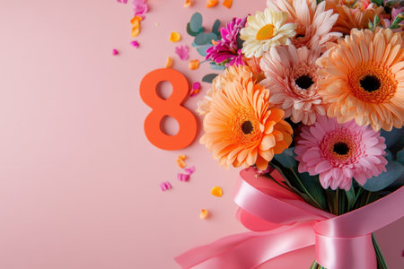 Colorful gerbera bouquet and number 8 on pink background.の写真素材