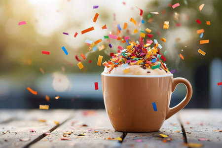 Festive cup of coffee with colorful confetti topping on wooden surface.の写真素材