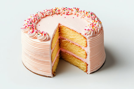 Three-layer vanilla cake with pink frosting and sprinkles.の写真素材