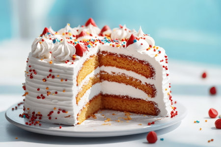 Festive layered vanilla cake with whipped cream and colorful sprinkles.