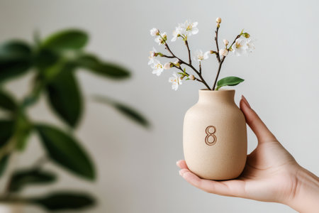Hand holding ceramic vase with white flowers on soft background.の写真素材
