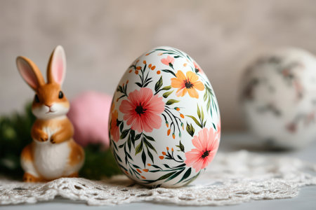 Colorful floral easter egg with ceramic bunny figurine on lace.の写真素材