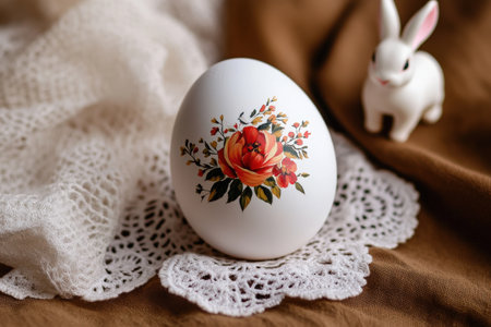 Decorative floral easter egg on lace with ceramic bunny figurine.の写真素材
