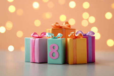 Colorful birthday gift boxes with number eight and bokeh background.