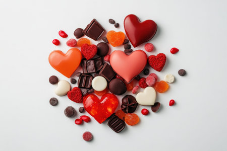 Assorted heart-shaped chocolates and candies on white background.