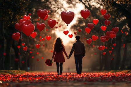 Romantic stroll in autumn park with heart balloons.