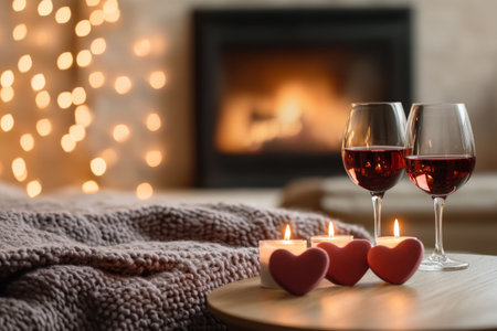 Cozy romantic evening with wine and candles by the fireplace.の写真素材