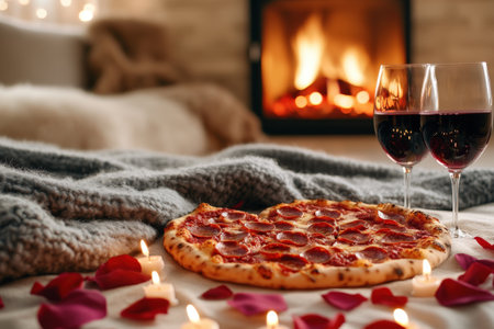 Cozy romantic evening with pepperoni pizza, wine, and candlelight by the fireplace.の写真素材