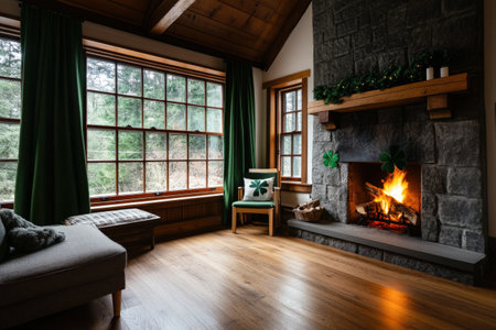 Cozy cabin living room with fireplace and rustic decor for a warm ambiance.の写真素材