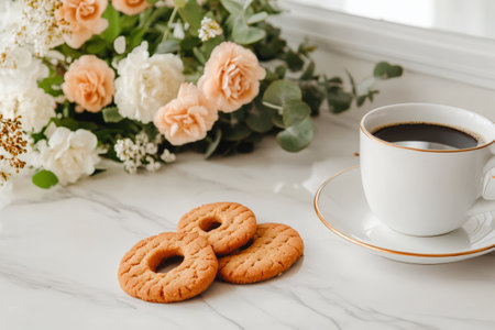 Elegant tea setup with cookies and floral arrangement on marble surface.の写真素材