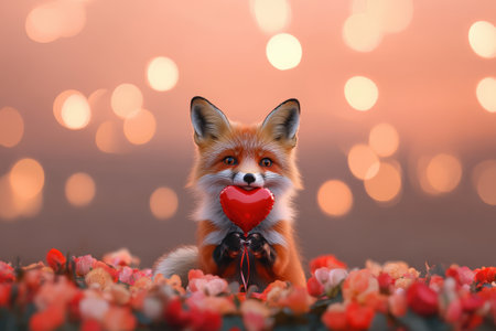 Adorable fox holding heart balloon surrounded by flowers at sunset.の写真素材