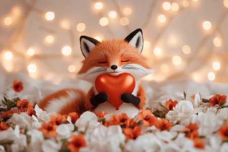 Cute fox holding heart amidst flowers with warming glowing lights.の写真素材