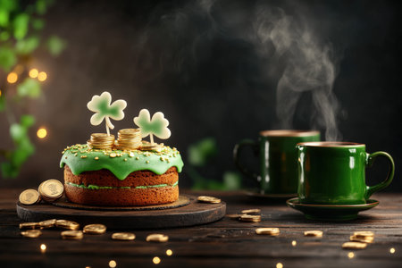 Festive saint patrick's day cake with gold coins and green tea cups on wooden table.の写真素材