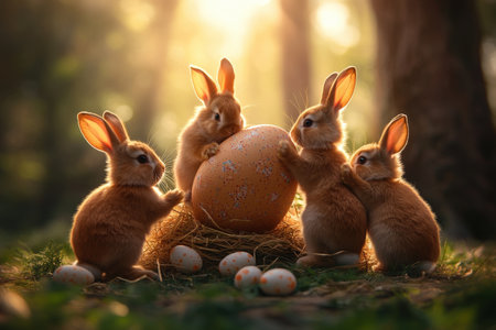 Four adorable bunnies playing with easter egg in sunlit forest.の写真素材