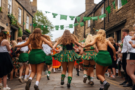 Festive parade with energetic young caucasian women in green costumes celebrating.の写真素材