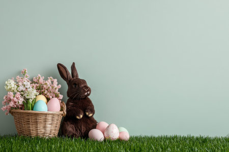 Chocolate bunny with easter eggs and flowers on green grass background.