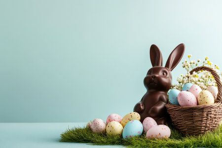Chocolate easter bunny with colorful eggs and flowers on green grass.の写真素材