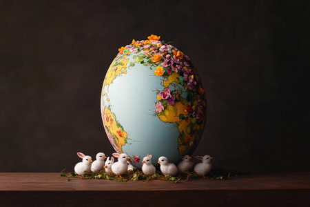 Floral painted egg with eight white bunny figures on wooden surface.の写真素材