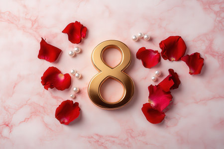 Golden number eight with red petals and pearls on marble surface.の写真素材